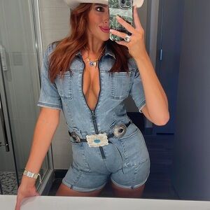 Princess Polly Light Blue Denim Zip Romper with Tie Waist